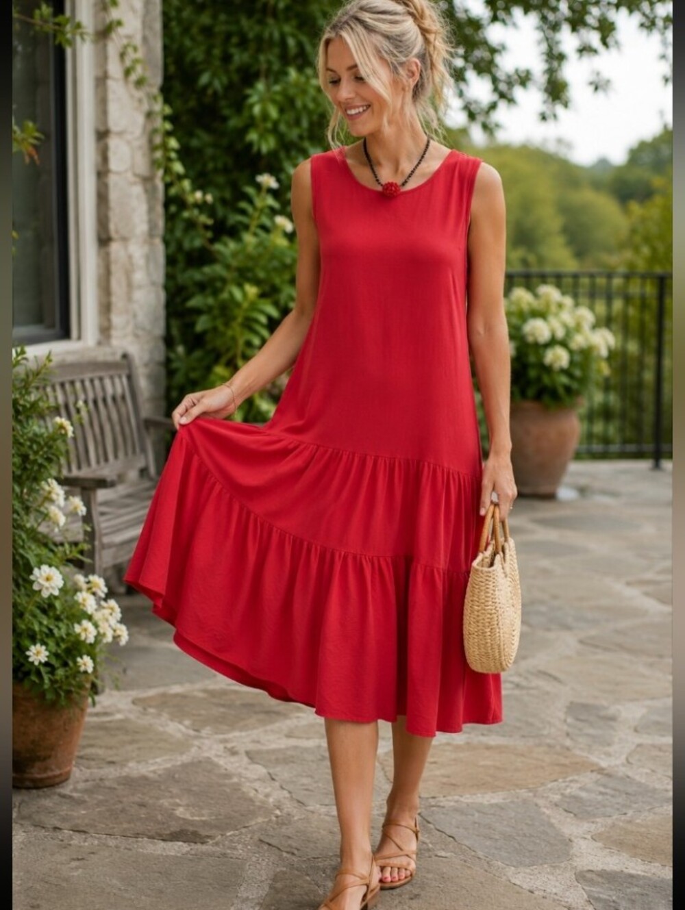 Nicole Miller Red Sleeveless Relaxed Fit Tiered Ruffle Midi Dress M